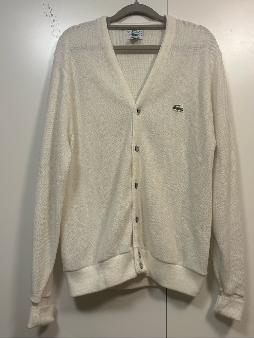 Vintage 80s Lacoste IZOD Cardigan, Cream Croc Logo, Men's M